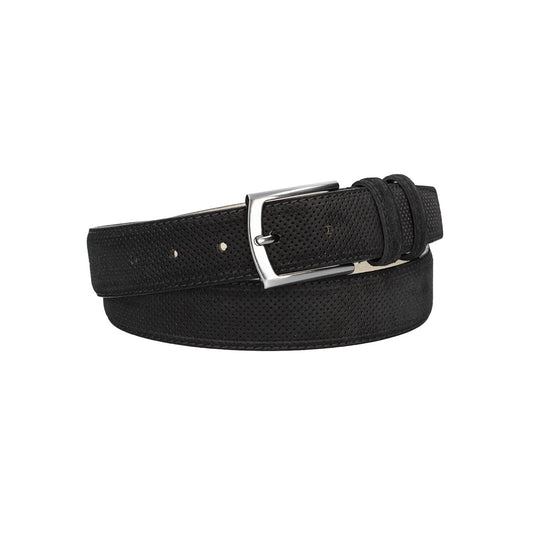 Herren-|Anzugsgürtel 35mm Schwarz abgenäht in Veloursleder bombiert mit Lochmuster - leder-accessoires.com