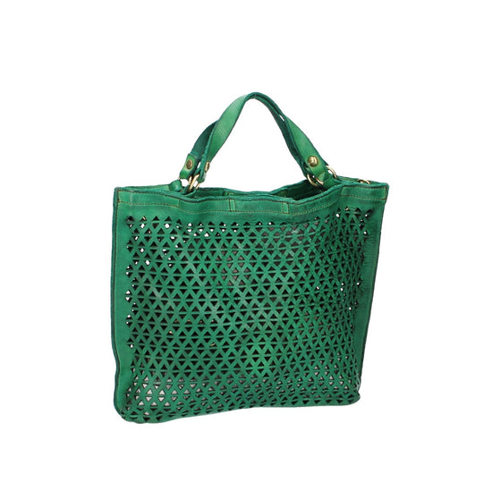 Campomaggi Vertikaler Ledershopper "Malibù“ in Grasgrün mit Lochmuster - leder-accessoires.com