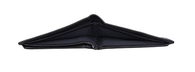 Geldbörse Querformat in Schwarz aus Leder mit Klappe nach links und Riegel