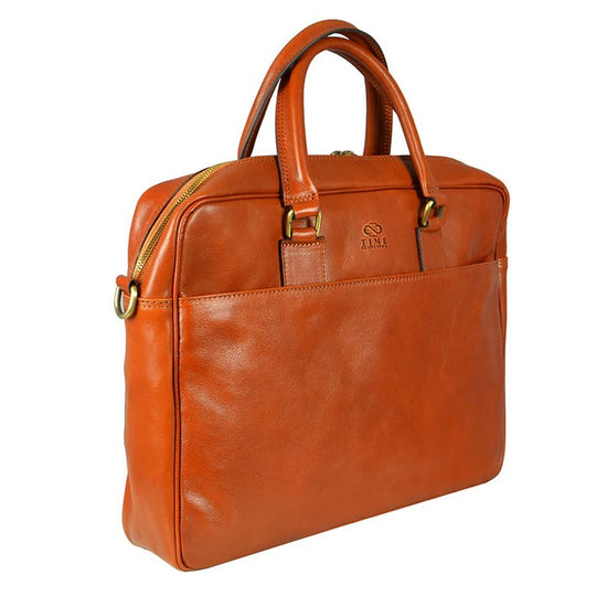 Businesstasche aus Leder in Cognac mit Reißverschluss und Vortasche - leder-accessoires.com
