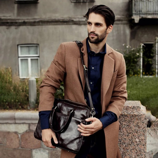 Businesstasche aus Leder in Dunkelbraun mit Reißverschluss und Vortasche - leder-accessoires.com