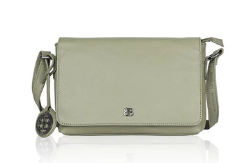Umhängetasche Querformat aus Leder in Olive mit Überschlag