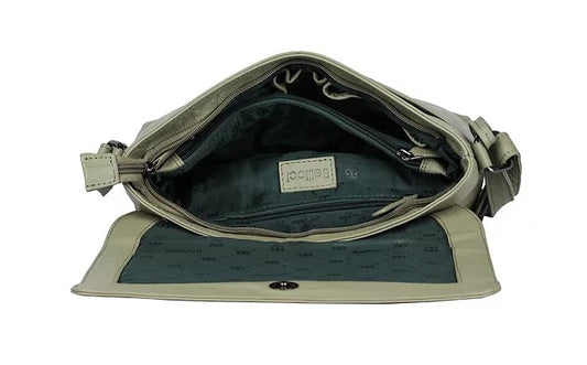 Umhängetasche Querformat aus Leder in Olive mit Überschlag
