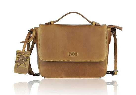 Umhängetasche aus Leder in Cognac mit Überschlag und Kurzgriff - leder-accessoires.com