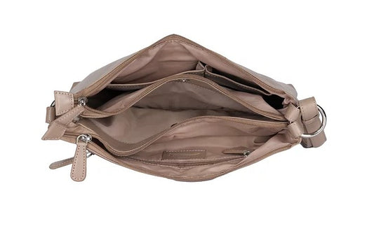 Umhängetasche Querformat aus Leder in Taupe mit Reißverschluss