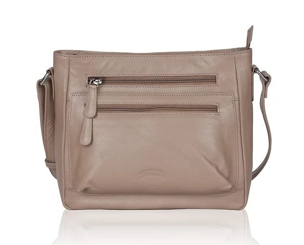 Umhängetasche aus Leder in Taupe mit Reißverschluss und Vortaschen