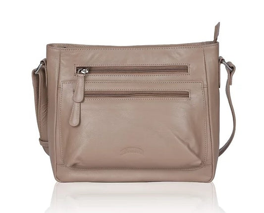 Umhängetasche aus Leder in Taupe mit Reißverschluss und Vortaschen