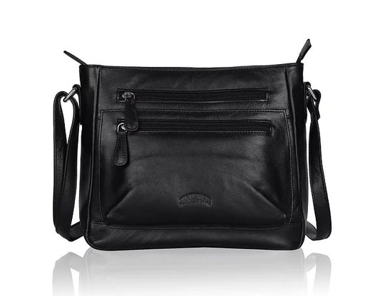 Umhängetasche aus Leder in Schwarz mit Reißverschluss und Vortaschen