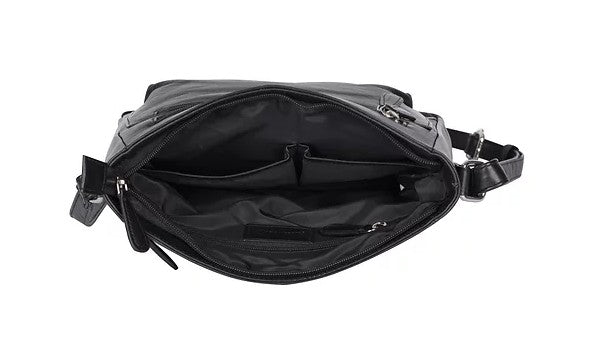 Umhängetasche aus Leder in Schwarz mit Reißverschluss und Vortaschen