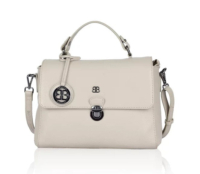 Kurzgrifftasche aus Leder in Beige mit Überschlag und Steckschloss