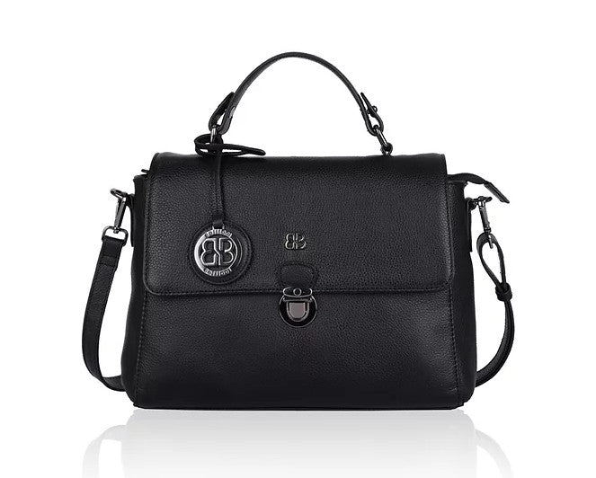 Kurzgrifftasche aus Leder in Schwarz mit Überschlag und Steckschloss