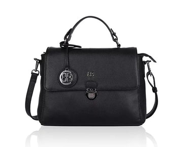 Kurzgrifftasche aus Leder in Schwarz mit Überschlag und Steckschloss