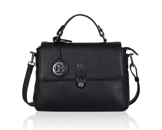 Kurzgrifftasche aus Leder in Schwarz mit Überschlag und Steckschloss - leder-accessoires.com