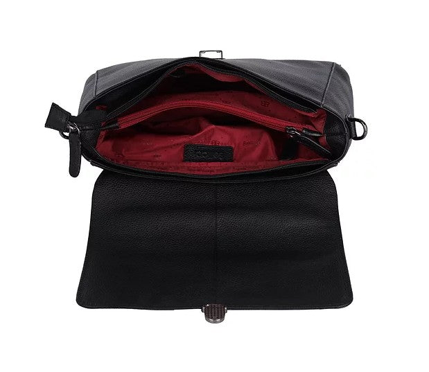 Kurzgrifftasche aus Leder in Schwarz mit Überschlag und Steckschloss