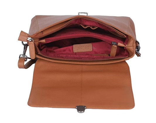 Kurzgrifftasche aus Leder in Cognac mit Überschlag und Steckschloss