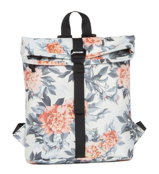 Rolltoprucksack Mini mit Blumenmuster in Weiß