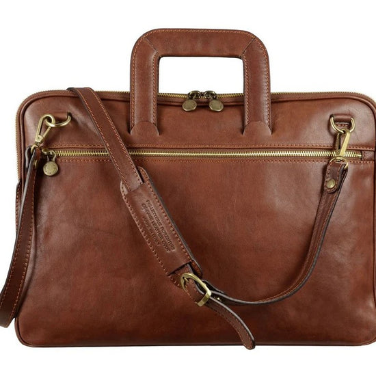 Businesstasche aus Leder in Cognac mit Reißverschluss und Vorfach - leder-accessoires.com