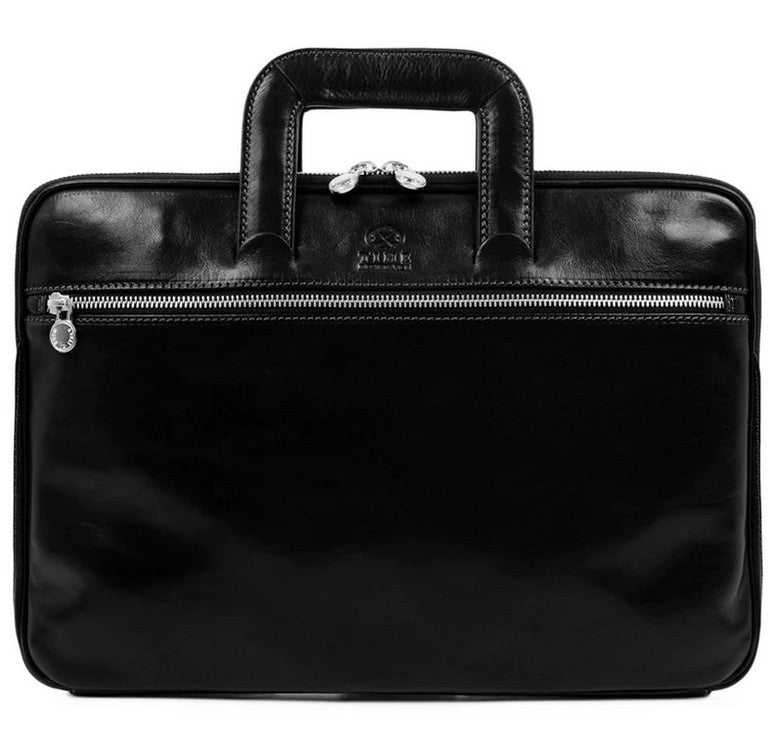 Businesstasche aus Leder in Schwarz mit Reißverschluss und Vorfach