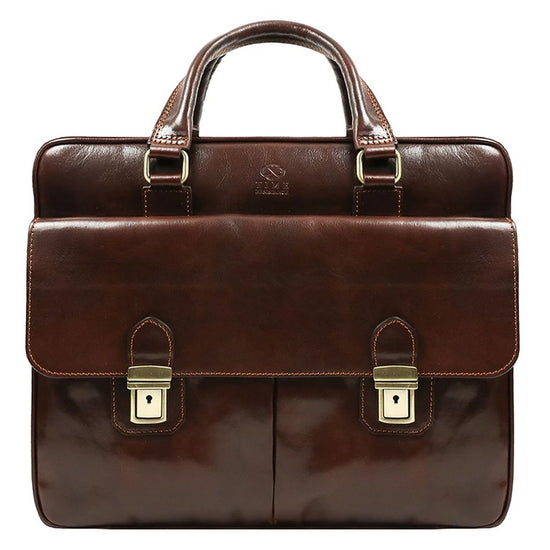 Aktentasche aus Leder in Braun mit Reißverschluss und zwei Vortaschen - leder-accessoires.com