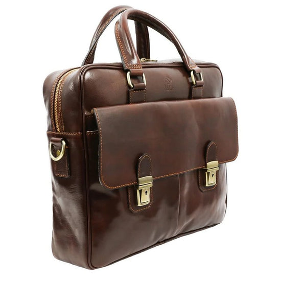 Aktentasche aus Leder in Braun mit Reißverschluss und zwei Vortaschen - leder-accessoires.com
