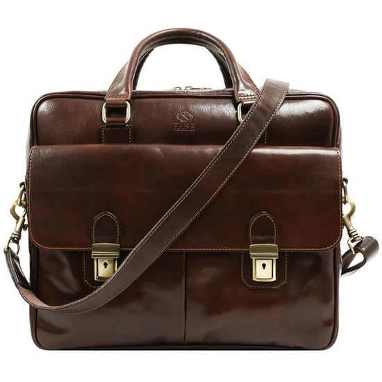 Aktentasche aus Leder in Braun mit Reißverschluss und zwei Vortaschen - leder-accessoires.com