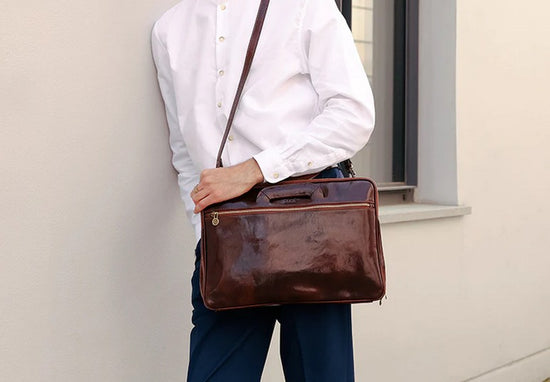 Businesstasche aus Leder in Braun mit Reißverschluss und Vorfach - leder-accessoires.com