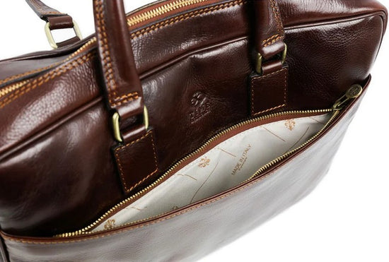 Businesstasche aus Leder in Braun mit Reißverschluss und Vortasche - leder-accessoires.com
