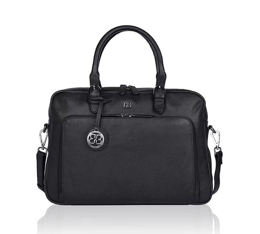 Kurzgriff-|Businesstasche aus Leder in Schwarz mit Vortasche und Reißverschluss - leder-accessoires.com