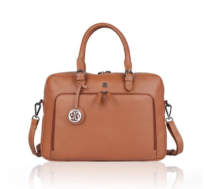 Kurzgriff-|Businesstasche aus Leder in Cognac mit Vortasche und Reißverschluss