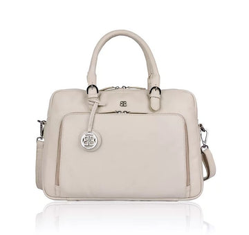 Kurzgriff-|Businesstasche aus Leder in Beige mit Vortasche und Reißverschluss