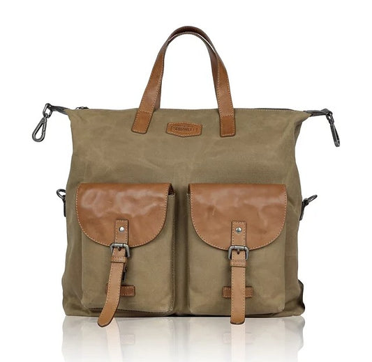 Shopper|Rucksack aus Leder|Canvas in Beige|Braun mit Kurzgriff