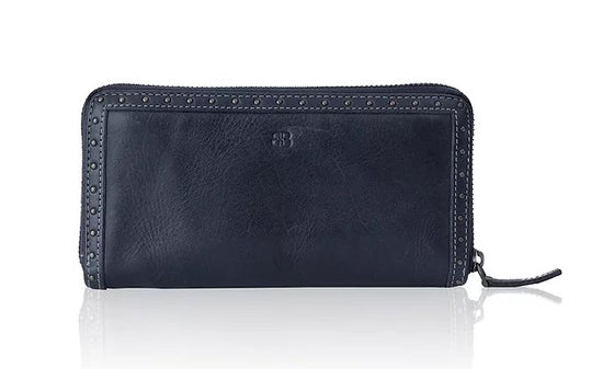 Langbörse aus Leder in Blau mit Rundumreißverschluss und Nieten - leder-accessoires.com
