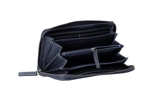 Langbörse aus Leder in Blau mit Rundumreißverschluss und Nieten - leder-accessoires.com