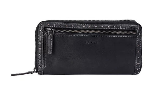 Langbörse aus Leder in Schwarz mit Rundumreißverschluss und Nieten - leder-accessoires.com