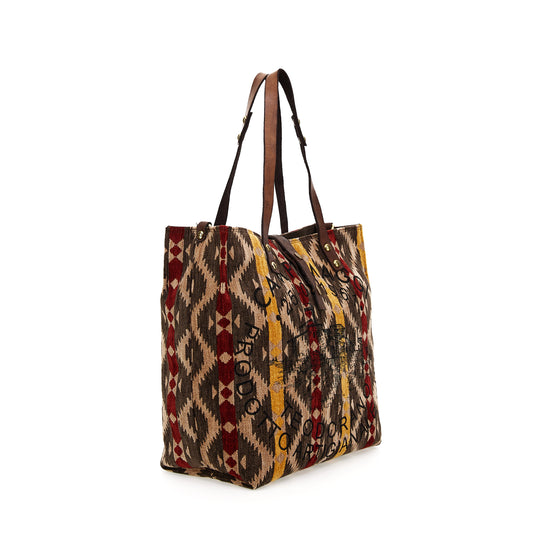 Shopper Anemone aus Kilim-Stoff und Leder in Braun mit Print - leder-accessoires.com