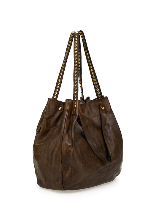 Schultertasche| Kurzgrifftasche in Oliv mit Nieten aus Leder - leder-accessoires.com
