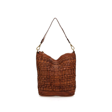 Schultertasche mit Flechtoptik in Cognac aus Leder