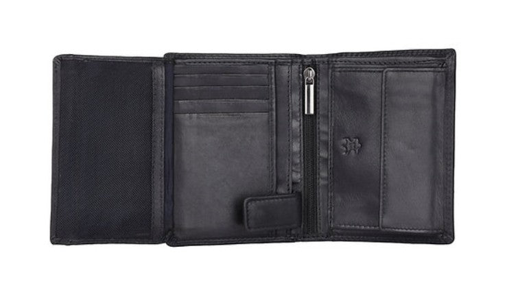 Geldbörse Hochformat in Schwarz aus Leder mit Klappe