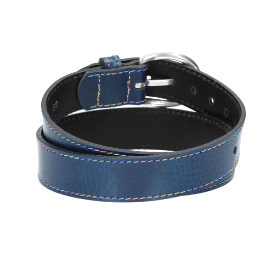 Ledergürtel Kids 25mm in Blau|Marine mit Multicolornaht und Dornschließe in Silber - leder-accessoires.com