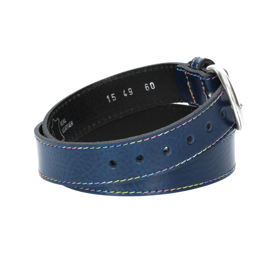 Ledergürtel Kids 25mm in Blau|Marine mit Multicolornaht und Dornschließe in Silber - leder-accessoires.com
