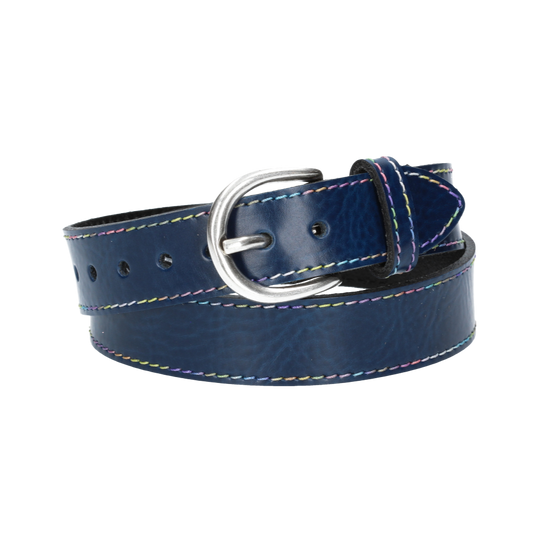 Ledergürtel Kids 25mm in Blau|Marine mit Multicolornaht und Dornschließe in Silber - leder-accessoires.com