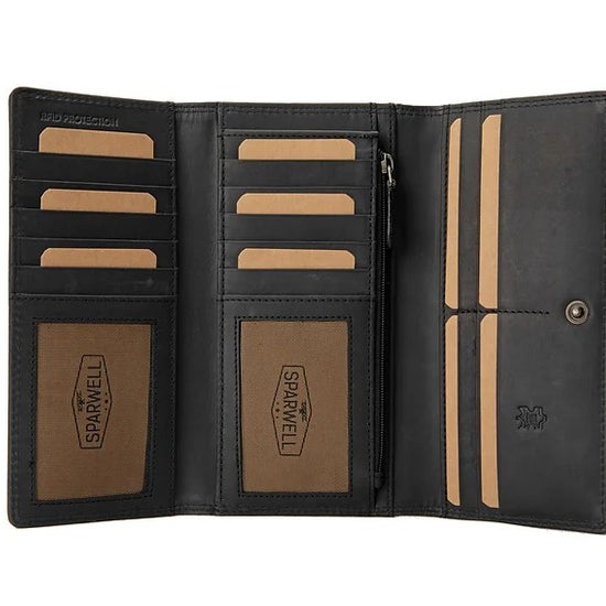 Langbörse aus Leder in Schwarz mit Überschlag und extra viel Kartenfächer - leder-accessoires.com