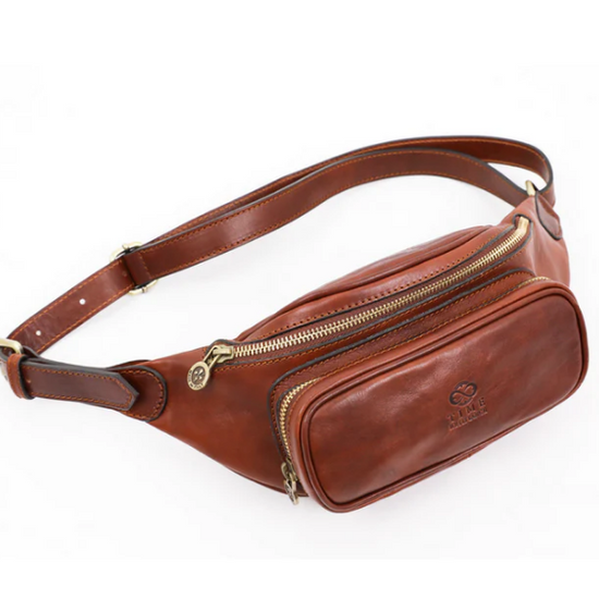 Gürteltasche|Bodybag aus Leder in Cognac mit Reißverschluss und Vortasche - leder-accessoires.com