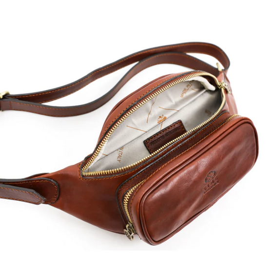 Gürteltasche|Bodybag aus Leder in Cognac mit Reißverschluss und Vortasche - leder-accessoires.com