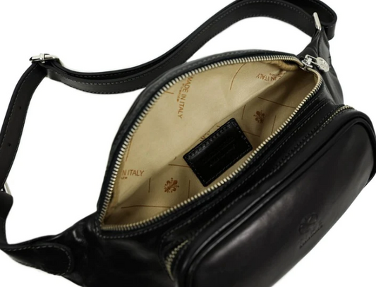 Gürteltasche|Bodybag aus Leder in Schwarz mit Reißverschluss und Vortasche