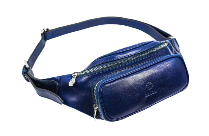 Gürteltasche|Bodybag aus Leder in Blau mit Reißverschluss und Vortasche
