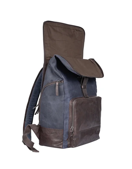 Rucksack mit Überschlag in Blau|Braun aus Canvas und Leder - leder-accessoires.com