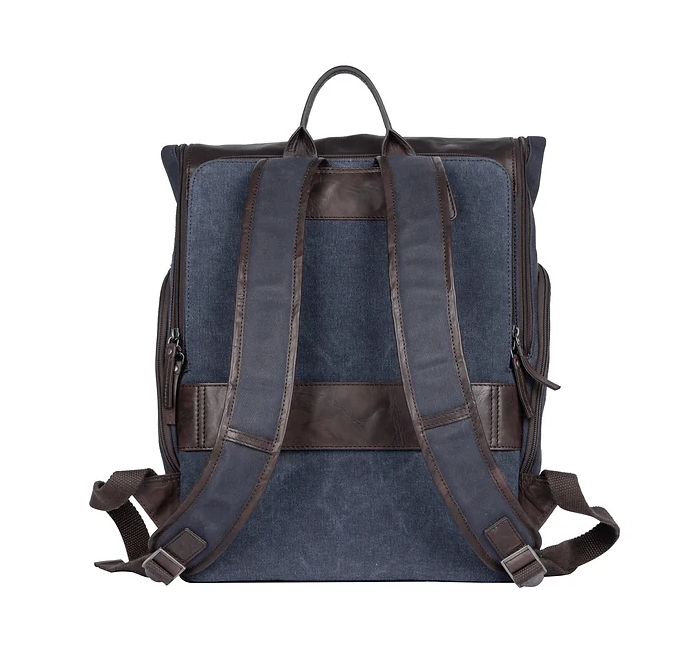 Rucksack mit Überschlag in Blau|Braun aus Canvas und Leder