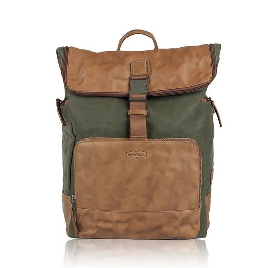Rucksack mit Überschlag in Grün|Cognac aus Canvas und Leder - leder-accessoires.com