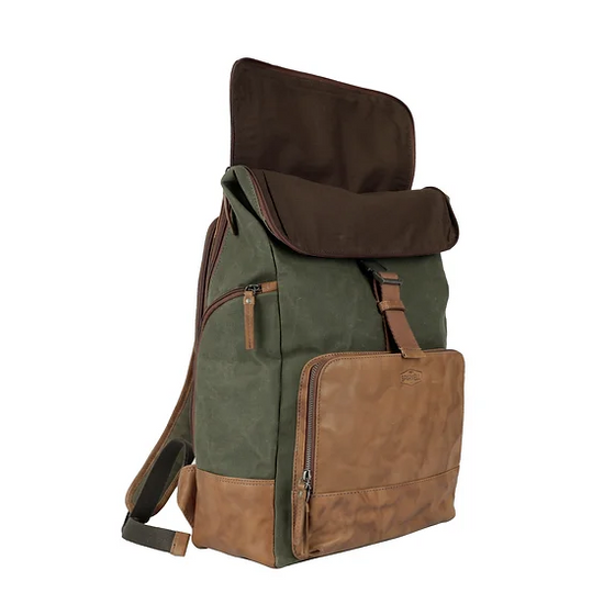 Rucksack mit Überschlag in Grün|Cognac aus Canvas und Leder - leder-accessoires.com
